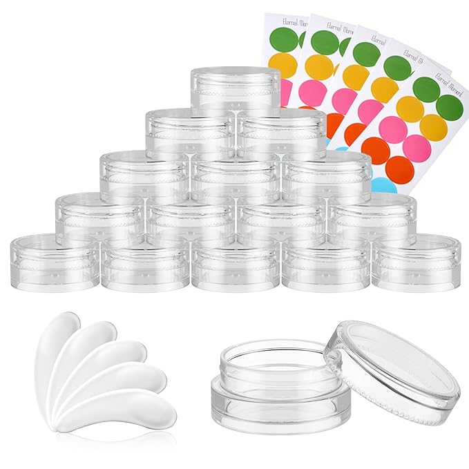 50 Pack 3 Gram Sample Containers with Transparent Lids, Small Plastic Cosmetic Jars, Makeup Travel Container Jar for Cream, Bead, Eye Shadow, Lotions, Powders, Lip Gloss with Labels Spatulas