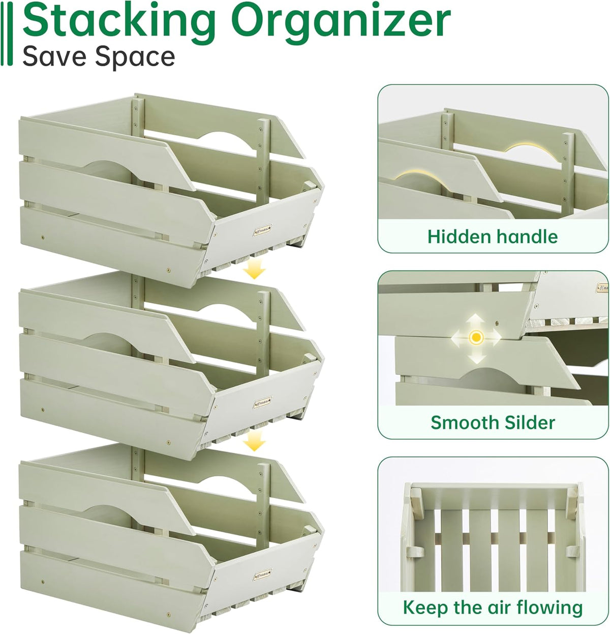 HABAU Wood Potato Onion Storage Bins - Wooden Stackable Produce Basket - Fruit Vegetable Storage for Kitchen Pantry Organization, Set 3 Pieces
