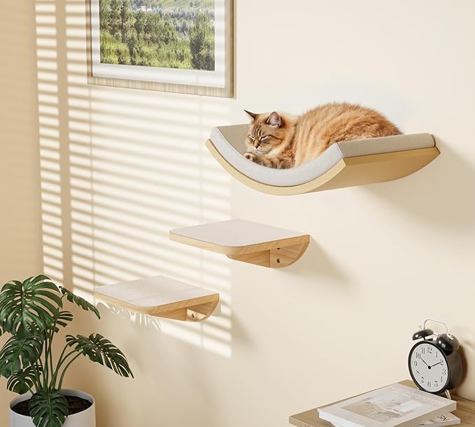 Wall Mounted Cat Steps 2 Pack – Square Wood Cats Shelves with Felt Cushions for Climbing, Jumping & Resting