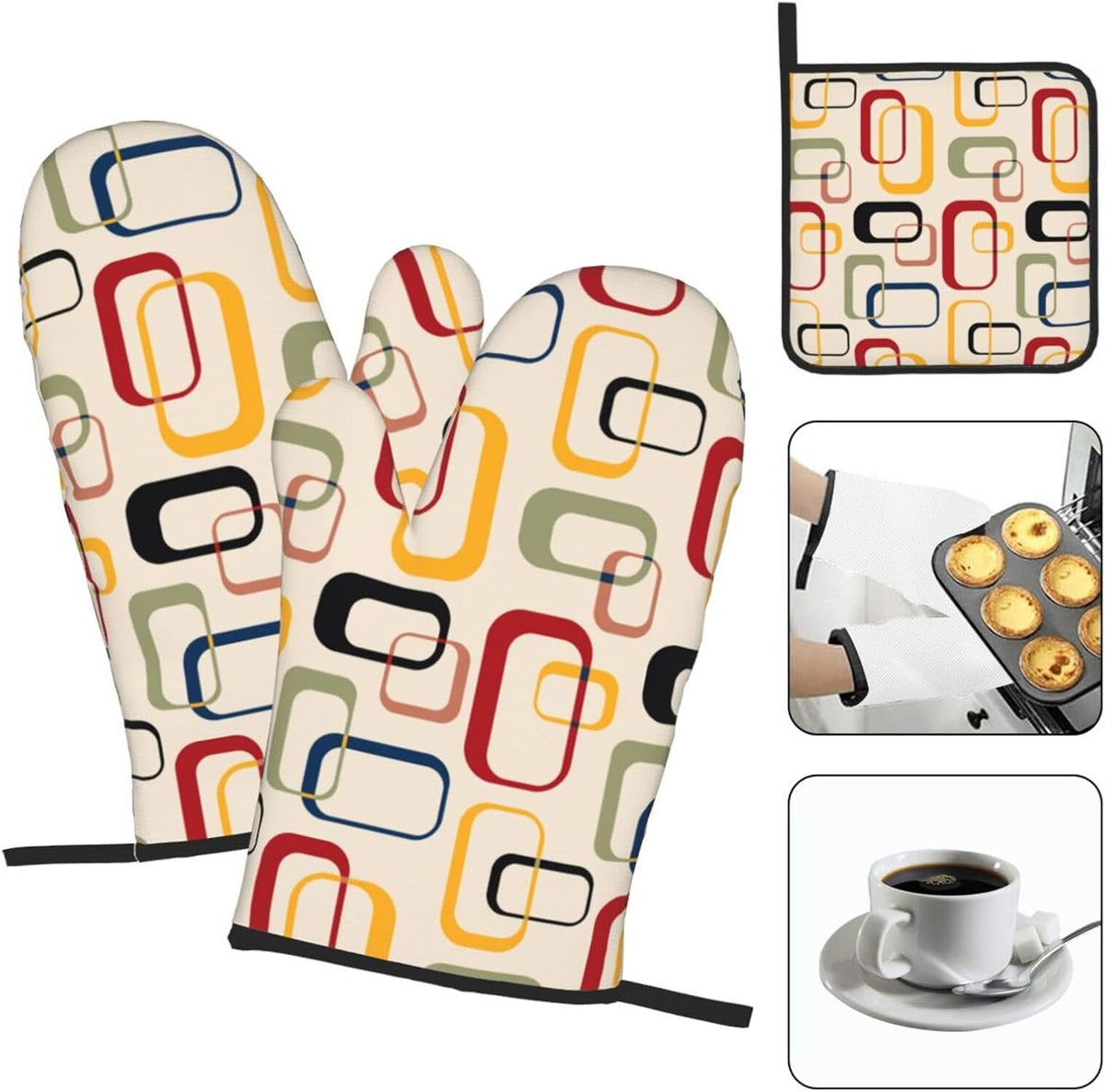 Mid Century Modern Retro Oven Mitts and Pot Holders Sets of 3 Vintage Decorative Heat Resistant Non Slip BBQ Gloves for Cooking Grilling Baking Kitchen Decor