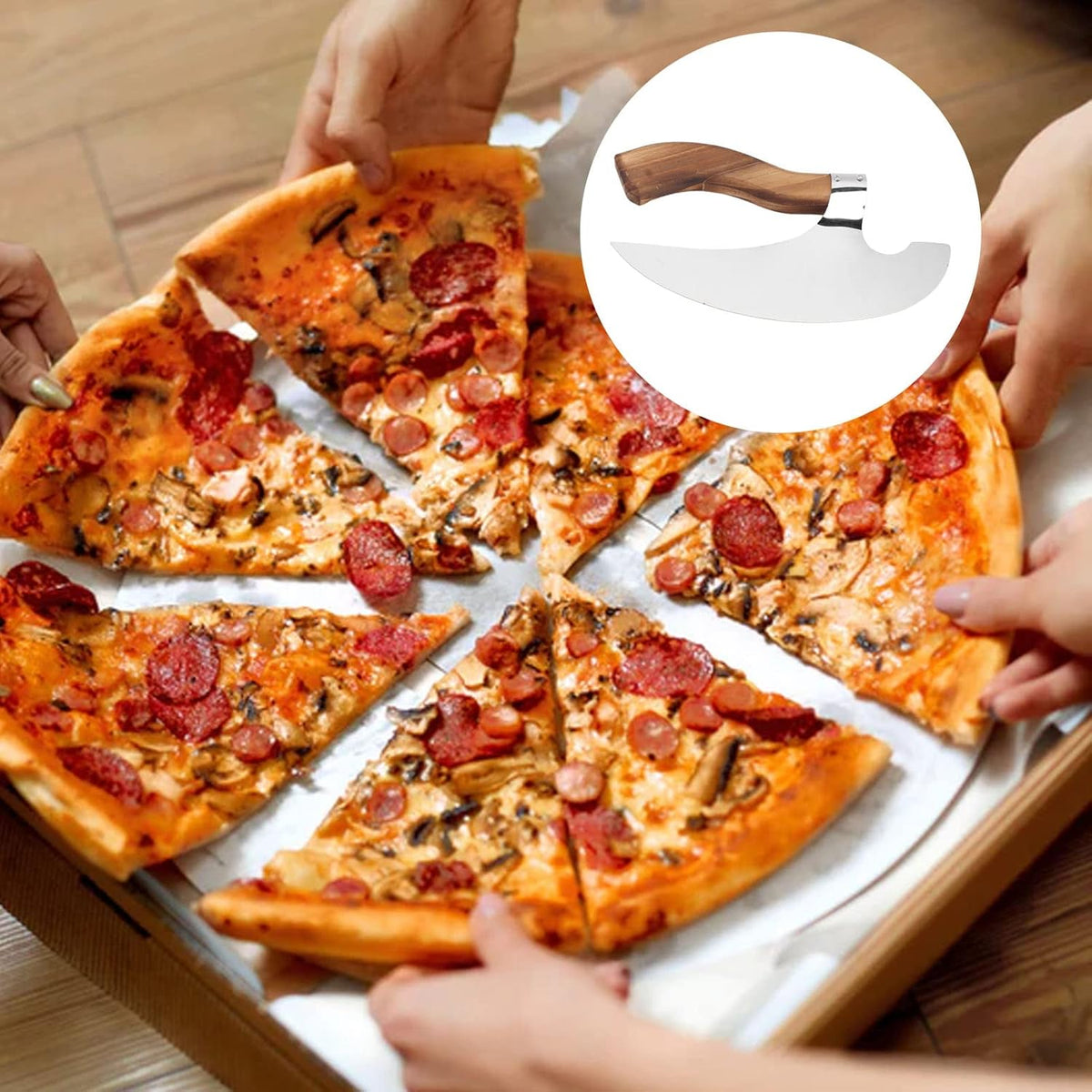 Handmade Viking Steel Pizza Axe, Camping Knives Tools Pizza Cutter with Pine Wood Handle, Handmade Stainless Steel Authentic Medieval Pizza Cutter for Home Restaurant Bar