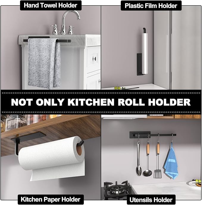 Paper Towel Holder - Self-Adhesive or Drilling, Matte Black, Upgraded Aluminum Kitchen Roll Dispenser Under Cabinet, Lighter but Stronger Than Stainless Steel!
