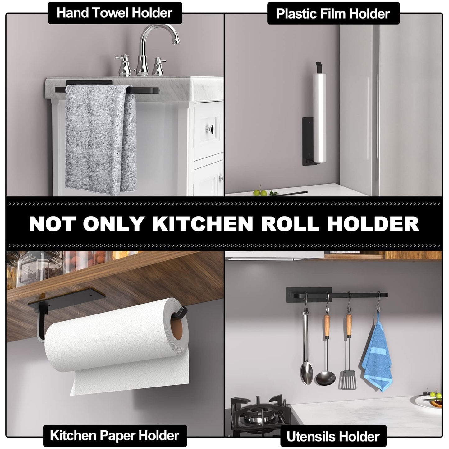 Paper Towel Holder Under Cabinet, Self-Adhesive or Drilling, Matte Black