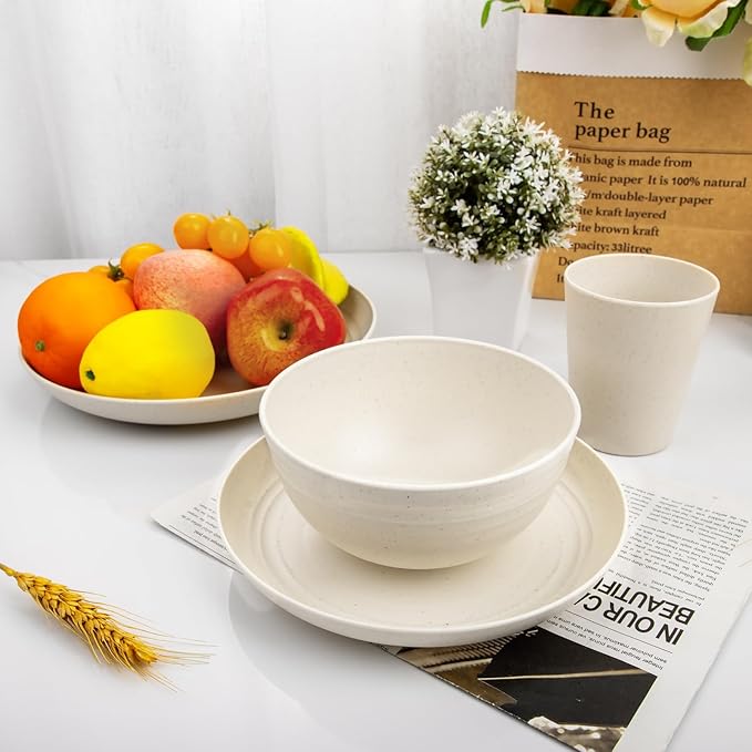 Rubtlamp 24 Pcs Wheat Straw Dinnerware Sets, Unbreakable Reusable Plastic Wheat Straw Bowls & Plates Dinner Set, Microwave And Dishwasher Safe Plates, 12Plates, 6Bowls, 6Cups for Party(Beige)