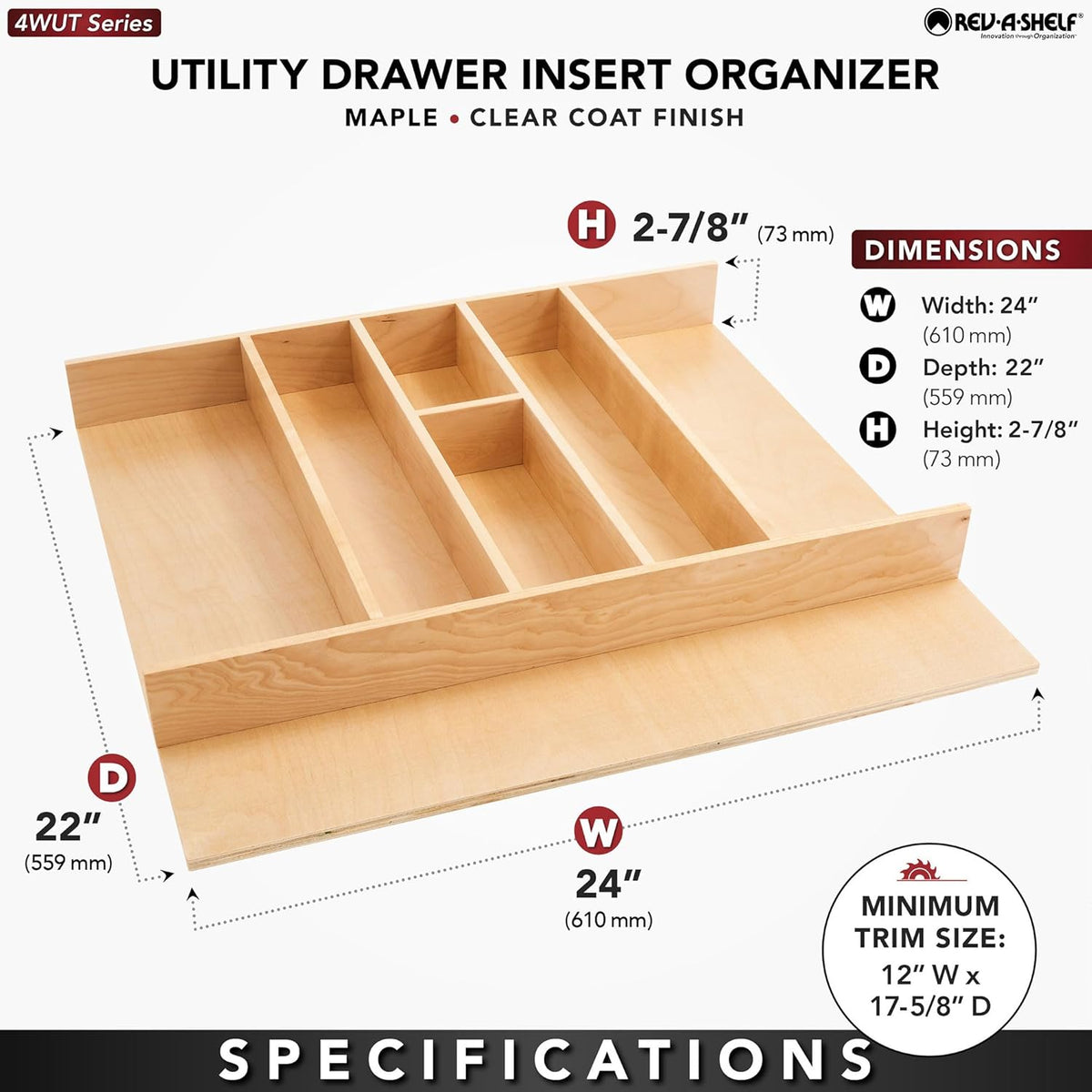 Rev-A-Shelf Trim-to-Fit Silverware Drawer Organizer For Kitchen Utensils, Cutlery Cabinet Storage Divider Insert, 23.98 x 21.97 In, Maple Wood, 4WUT-3