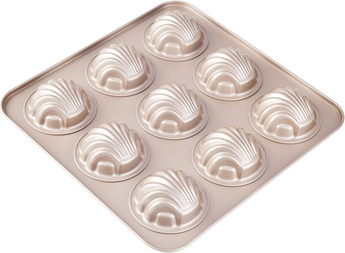 Madeleine Mold Cake Pan, 9-Cavity Non-Stick Spherical Shell Madeline Bakeware for Oven Baking (Champagne Gold)