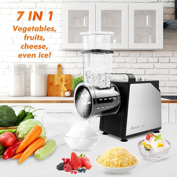 Anatole Electric Cheese Grater 7 Blades Ice Shaver Stainless Steel Vegetable Shredder 250W BPA-Free 110V