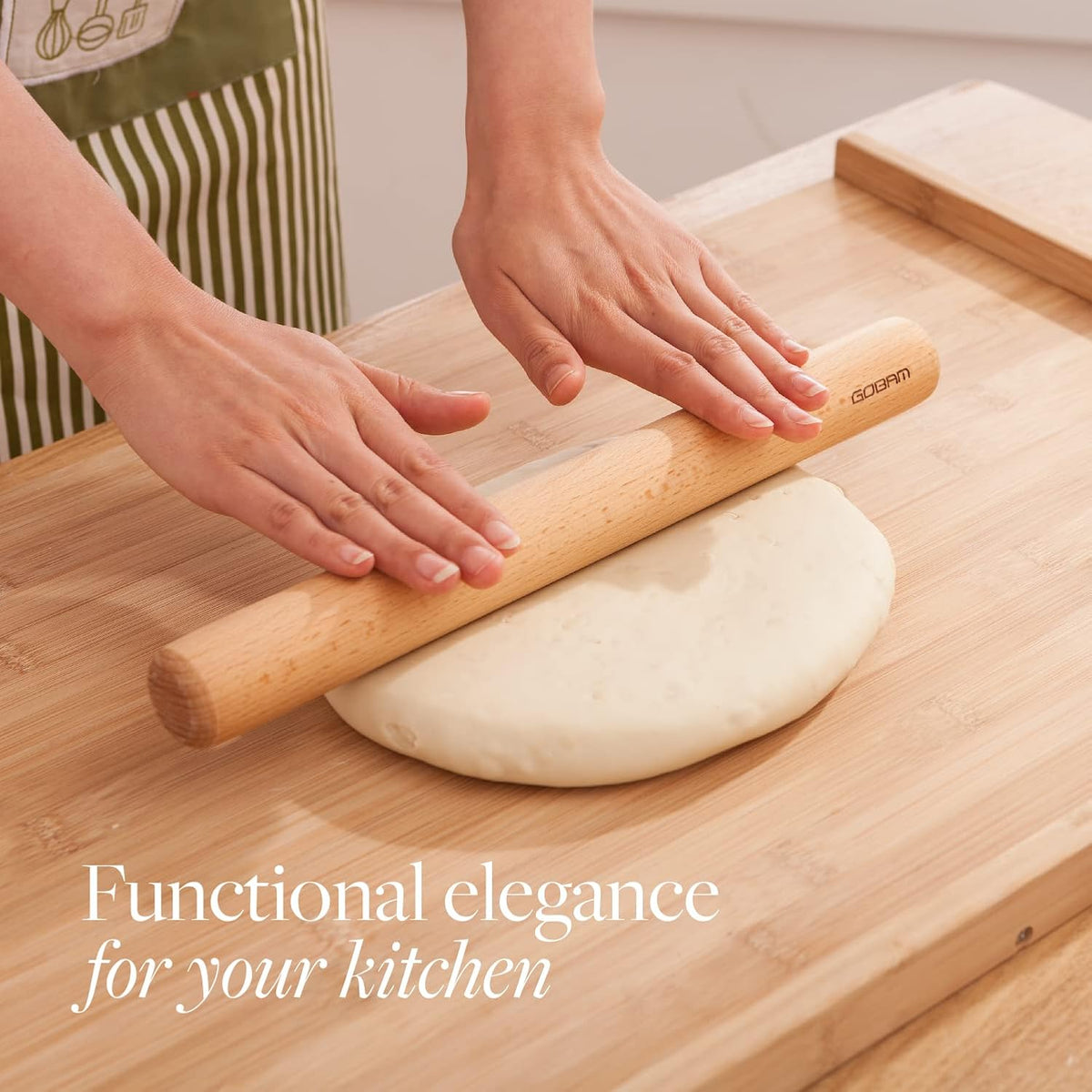 GOBAM Wood Rolling Pin, Medium - Dough Roller for Pasta, Cookies, Pie, Pizza, Chapati, Fondant, Rolling Pins for Baking, Bread Making Tools and Supplies - 13 x 1.38 Inches