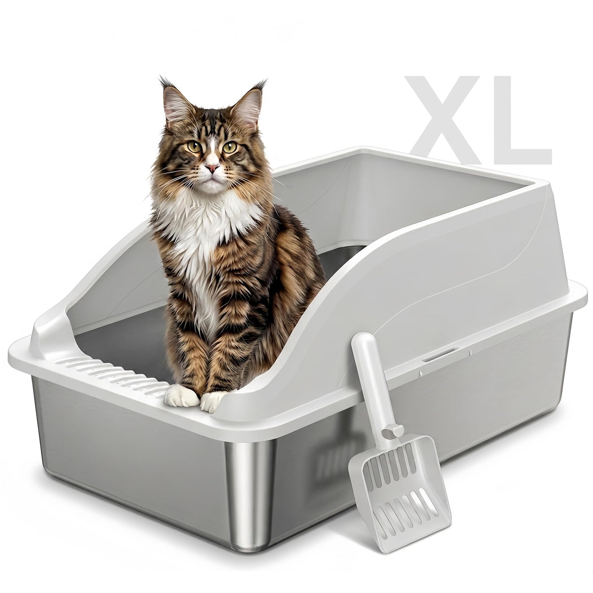 Stainless Steel Cat Litter Box, Extra Large XL Odor Free Metal Litter Box with High Sides Lid, Open Top Litter Pan Include Scoop Easy Cleaning Kitty Cat Box Anti-Urine Leakage, Non-Sticky