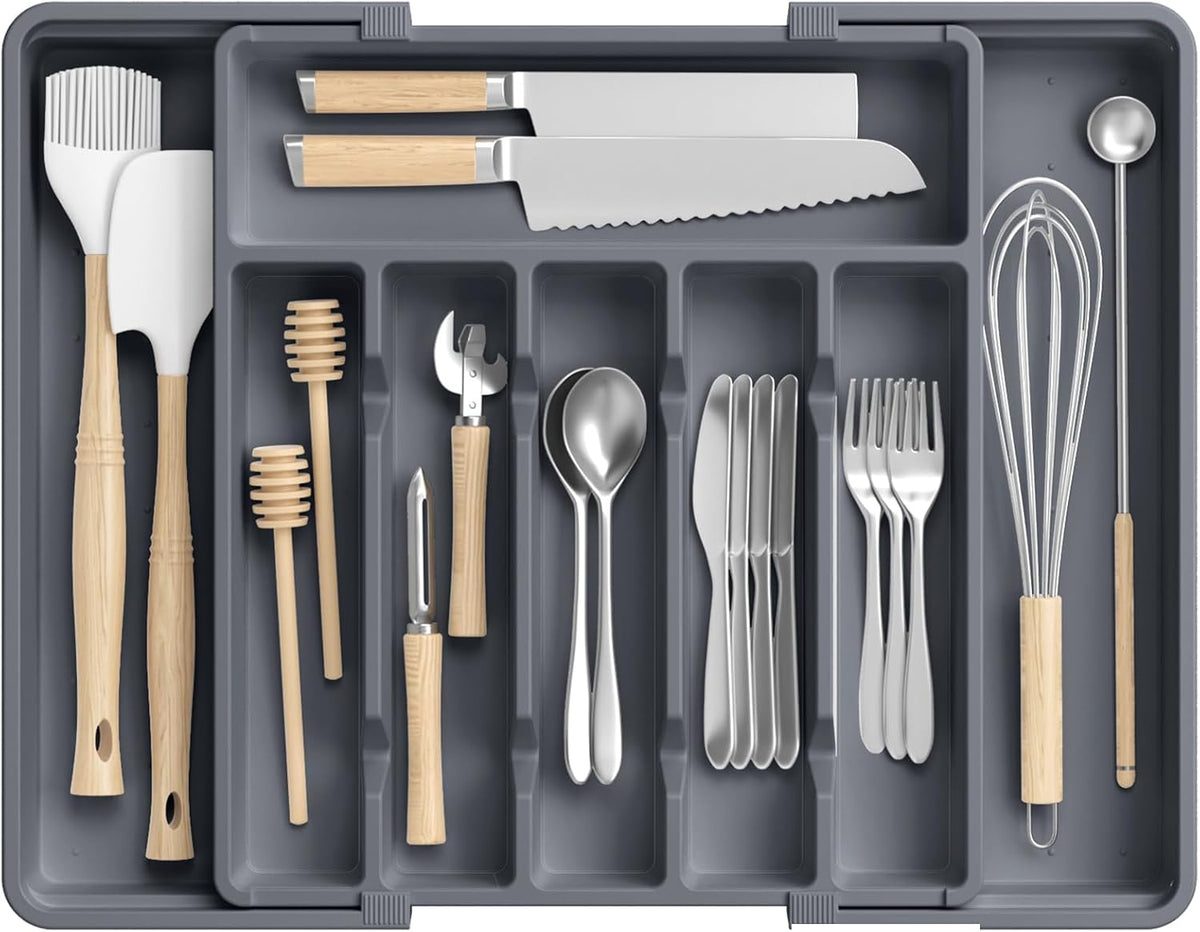 Large Silverware Organizer,Expandable Utensil Drawer Organizer,BPA Free Utensil Holder,Adjustable Silverware Tray Cutlery Drawer Organizer for Kitchen Flatware,Large,Grey (6-8 Slots)