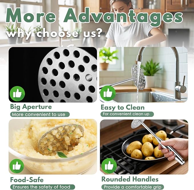 Stainless Steel Potato Masher - Heavy Duty Mashed Potato Maker, Avocado, Sweet Potato, Vegetable, Fruit Mash Tool
