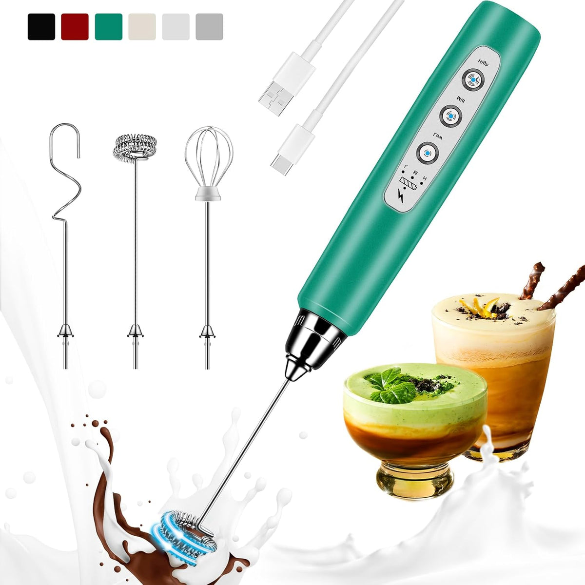 Milk Frother Handheld Rechargeable, Frother Wand Drink Mixer Electric Whisk for Coffee, Detachable With 3 Stainless Whisks, Hand Mixer for Lattes, Cappuccino, Matcha, Egg, No Stand, Green