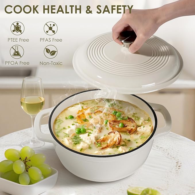 Enameled Cast Iron Dutch Oven Pot With Lid - AIVIKI 5QT Dutch Oven for Bread Baking With Cotton Potholders - Heavy-Duty Cookware for Braising, Stew, Roasting, Oven Safe up to 500°F, Cream White