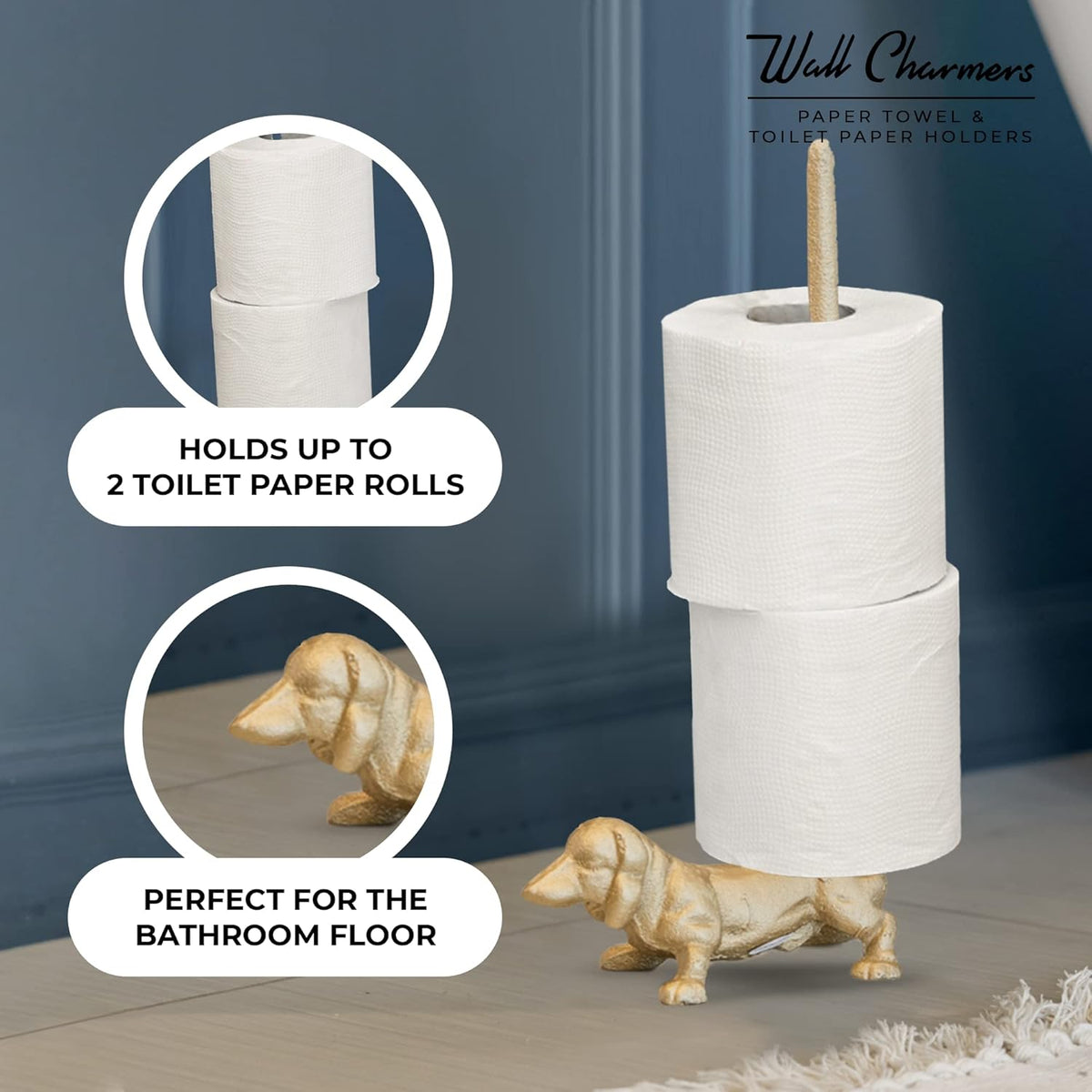 WallCharmers Gold Paper Towel Holder, Metal Toilet or Kitchen Paper Holder for Floor or Countertop, Gold Dog