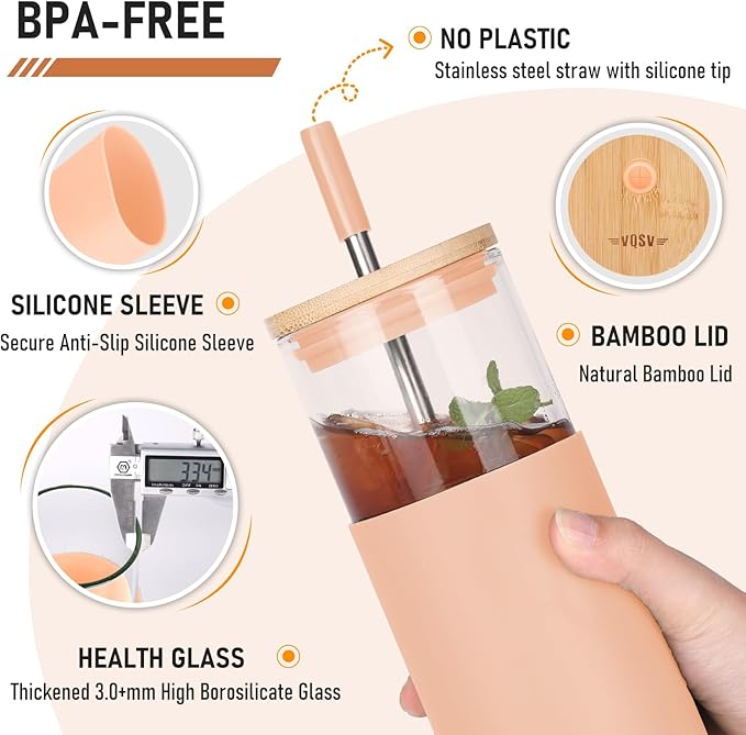 Glass Tumbler w/Lids & Straw:24oz Reusable Mug w/Bamboo Lid,Stainless Steel Straw, BPA-Free, Leak-Proof, Dishwasher Safe for Coffee, Smoothies, Hot Beverages,Travel,Office,Home Use,4-PK,Amber