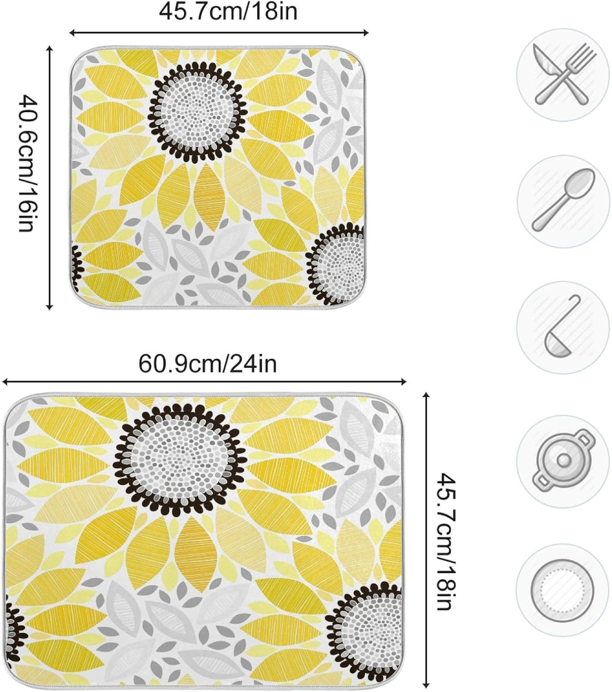 Super Absorbent Dish Drying Mat, Microfiber Fast-Drying Dish Mat, 16" x 18", Kitchen Dish Drying Pad, Sunflowers