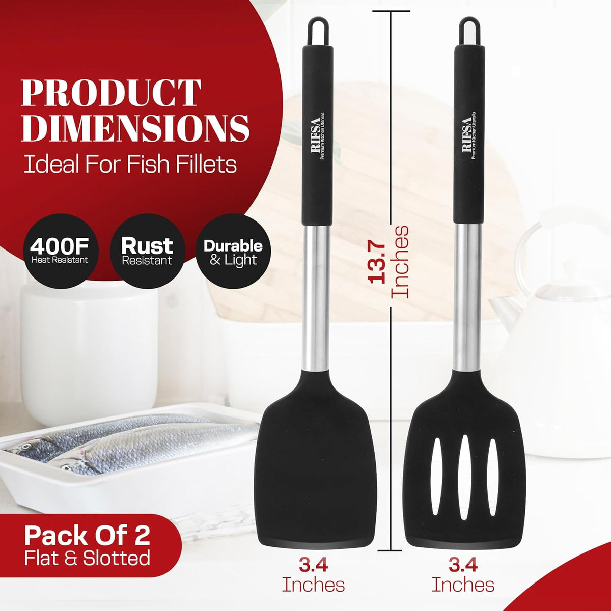 Silicone Spatula Set - Pack of 2 Non Stick Slotted Kitchen Spatulas, Heat Resistant Silicone Turner for Frying, Baking, BPA-Free, Slotted Spatula for Nonstick Cookware
