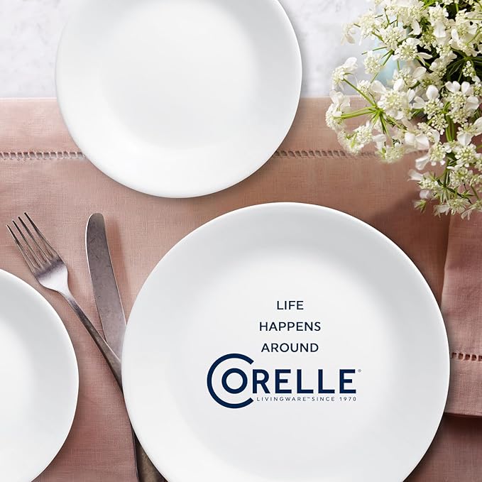 Corelle Vitrelle 18-Piece Service for 6 Dinnerware Set Triple Layer Glass and Chip Resistant, Lightweight Round Plates and Bowls Set, Winter Frost White