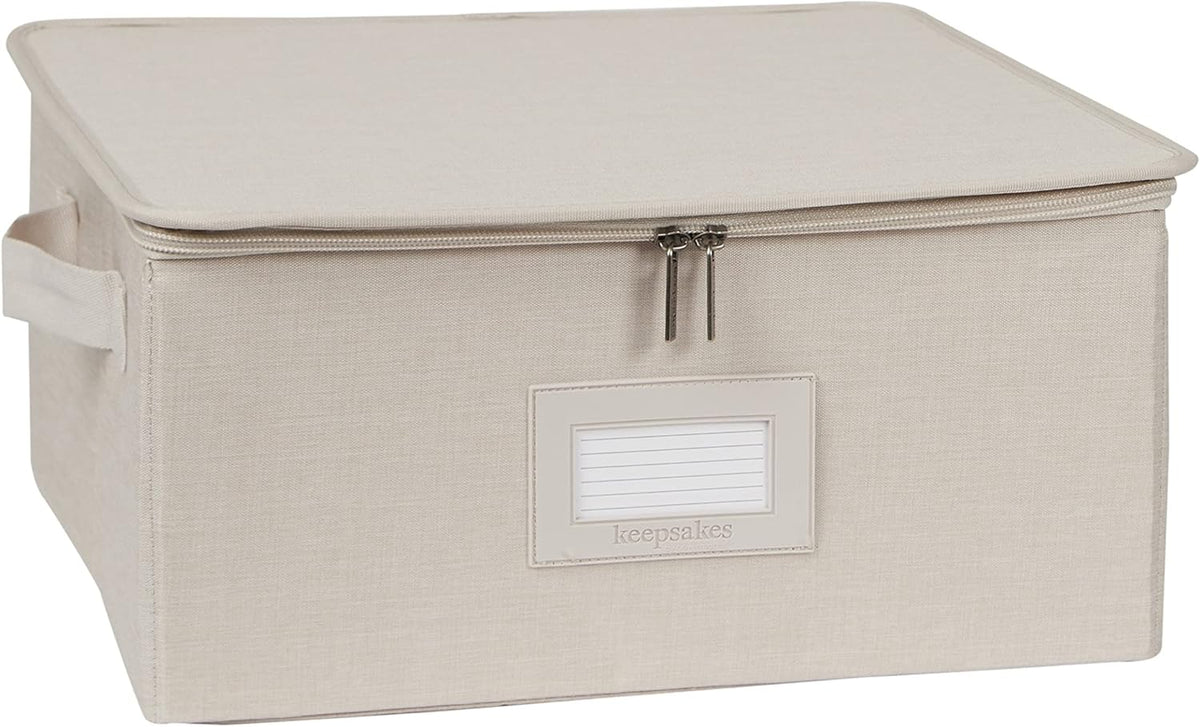 Covermates Keepsakes Dish Storage Box - Stackable, Reinforced Handles, China Storage, Beige Heather