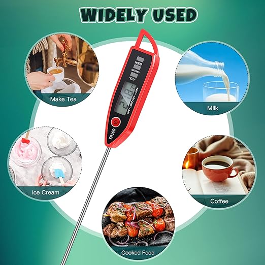 Instant Read Meat Thermometer with Long Probe 9.65 Inch Kitchen Cooking Food Candy Waterproof Digital Thermometer for BBQ Water Milk Yogurt Liquid(Pointed,Red)
