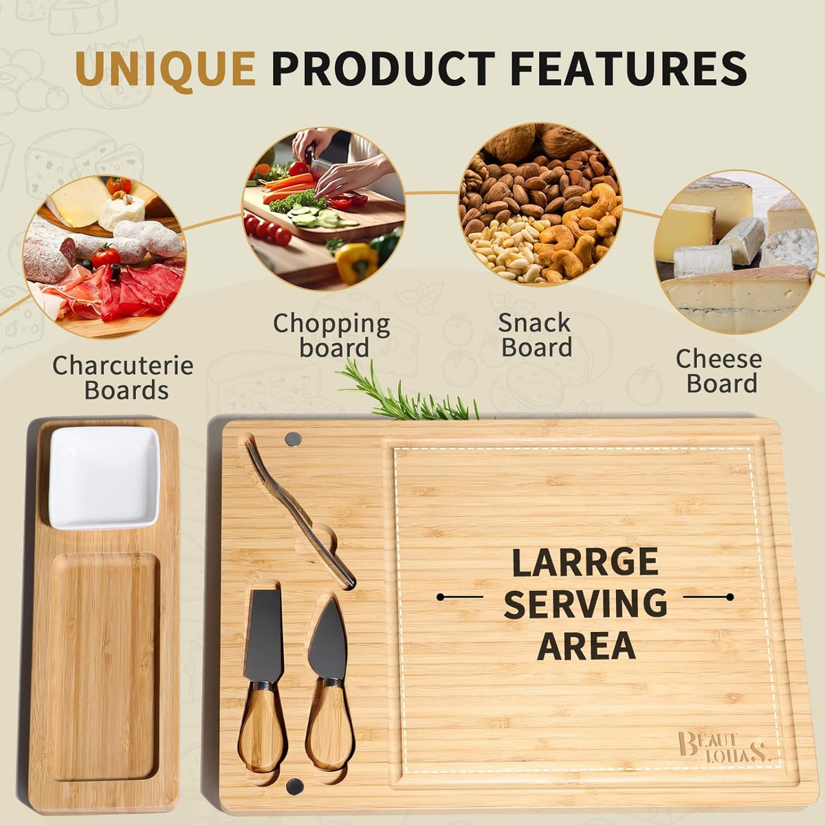 Charcuterie Boards Bamboo Cheese Board with Knife Set, Serving Tray, Gifts for Women, Housewarming Gifts for New Home, Wedding Gift for Couples 2025 (With 1 Bowl)