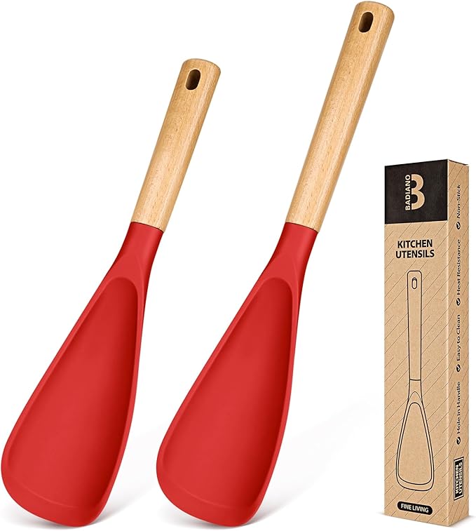 Multifunction Spatula Spoon for Nonstick Cookwares, Great for Cooking and Serving, Sturdy BPA-Free Matte Silicone, Wood Handle Spatula for Mixing, Scoop, and Scrape, Red(2 pack,11.4" & 13.4")
