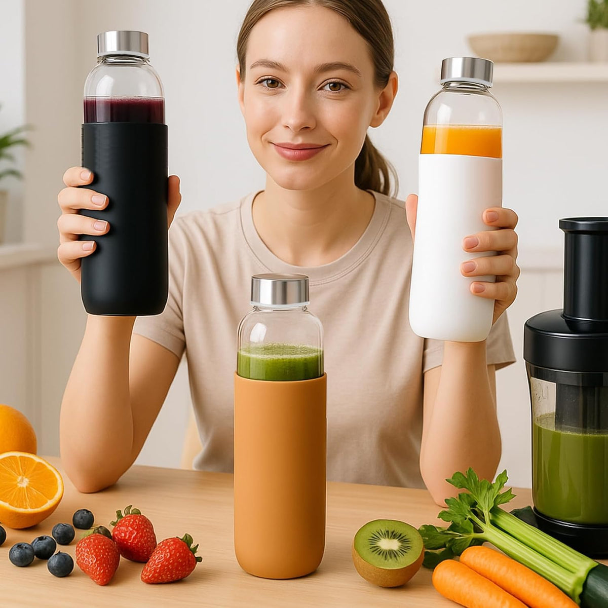 32 oz Clear Glass Bottles with Lids and Silicone Sleeve, Reusable Refillable Water Bottles for Juicing, Refrigerator,100% Leak Proof, BPA Free, Juice Glass Set of 3