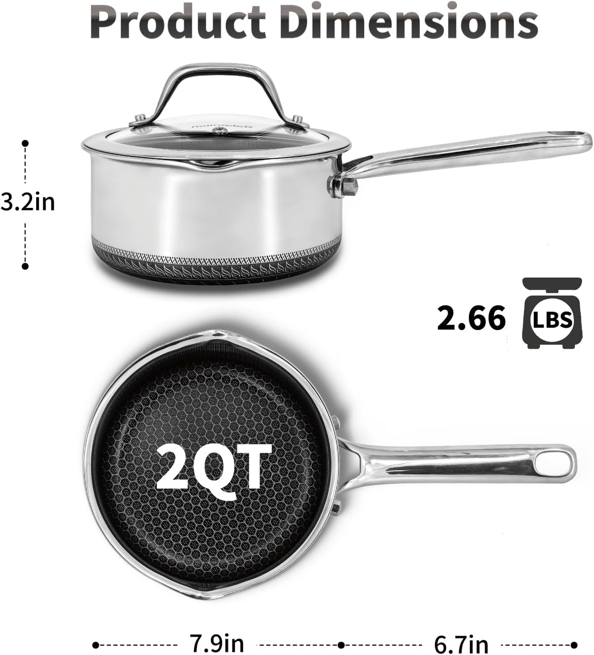 Hybrid Nonstick 2 QT Saucepan with Lid, Stainless Steel Honeycomb Pot with Two Pour Spouts,Compatible with All Cooktops,Dishwasher and Oven Safe