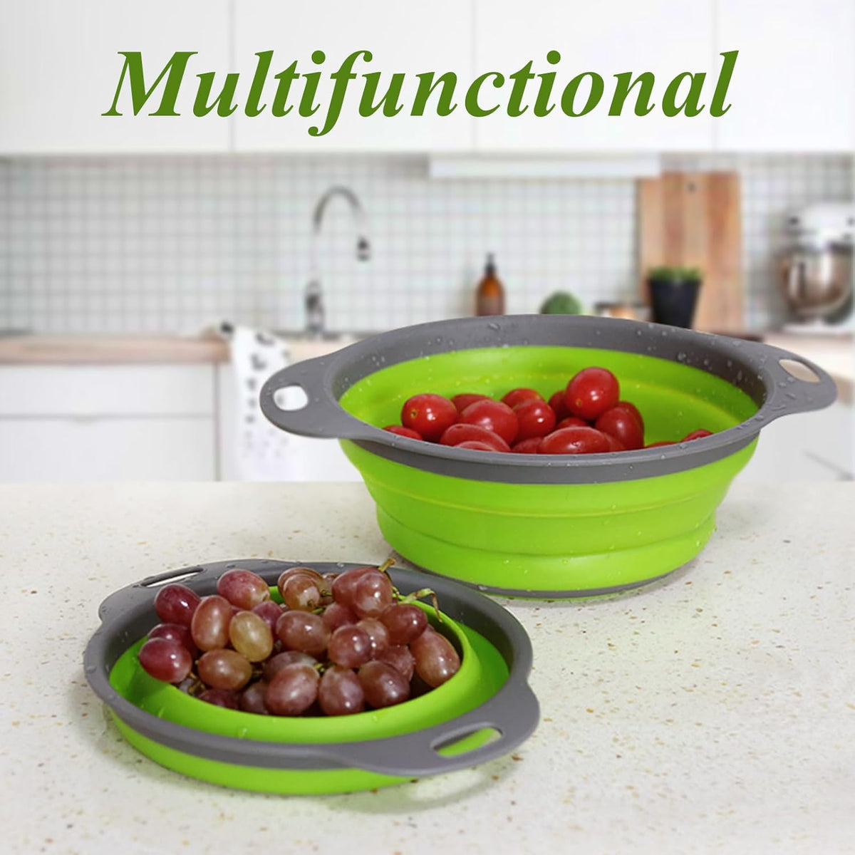Collapsible Colander Set of 3, Space-Saving Foldable Strainer for Kitchen, 3 Sizes Food Strainer for Draining Pasta, Vegetable and Fruit, Kitchen Gadgets for Home Use and Outdoor Camping (Green)