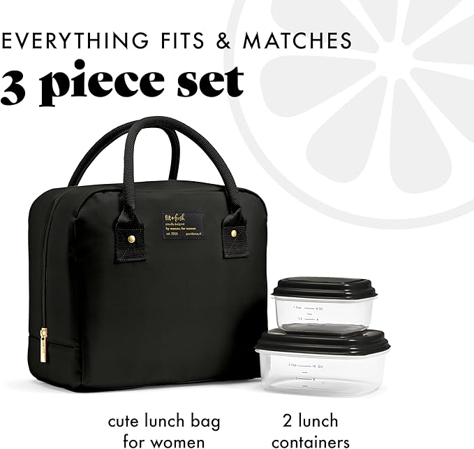 Fit & Fresh Lunch Bag For Women, Insulated Womens Lunch Bag For Work, Leakproof & Stain-Resistant Large Lunch Box For Women With Containers, Zipper Closure Bloomington Bag, Black