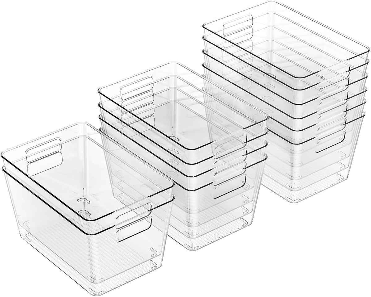 12 Pack Clear Plastic Storage Bins, 11" Large Pantry Organizer Bins with Handles, Plastic Containers for Refrigerator,BPA-Free Perfect for Kitchen,Fridge,Cabinet,Pantry,Bathroom,Closet Organization