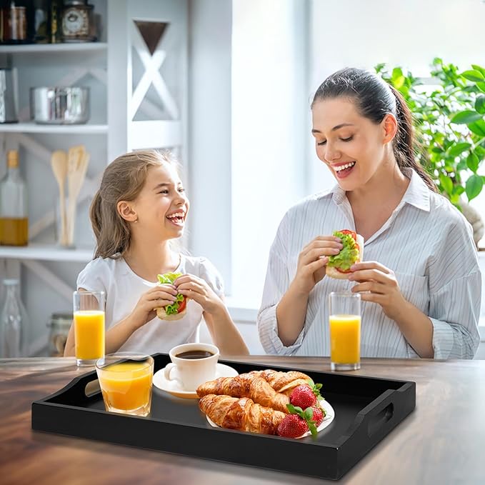 Bamboo Food Serving Tray with Handles, Breakfast Bed Tray for Tea,Snack,Dinner, Home Decorative Storage Food, Platter, Ottoman for Kitchen Counter, Bathroom, Restaurant (Black)