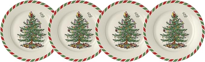 Spode Christmas Tree 8" Candy Cane Appetizer Plates (Set of 4) - Festive Holiday Tableware, Dishwasher & Microwave Safe - Ideal for Desserts, Snacks, Salads - Christmas Décor & Holiday Gift