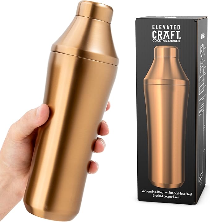 Elevated Craft Hybrid Cocktail Shaker - Premium Vacuum Insulated Stainless Steel Copper Cocktail Shaker - Innovative Measuring System - Martini Shaker for the Home Bartender - 28oz Total Volume