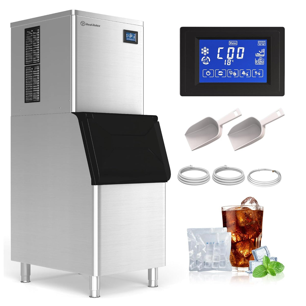 Real Relax Commercial Ice Maker Machine, 400LBS/24H ETL Approval Ice Machine, 330 lbs Ice Storage Capacity, Auto Self-Cleaning, LCD Display, with Ice Scoop for Bar Cafe Restaurant Business