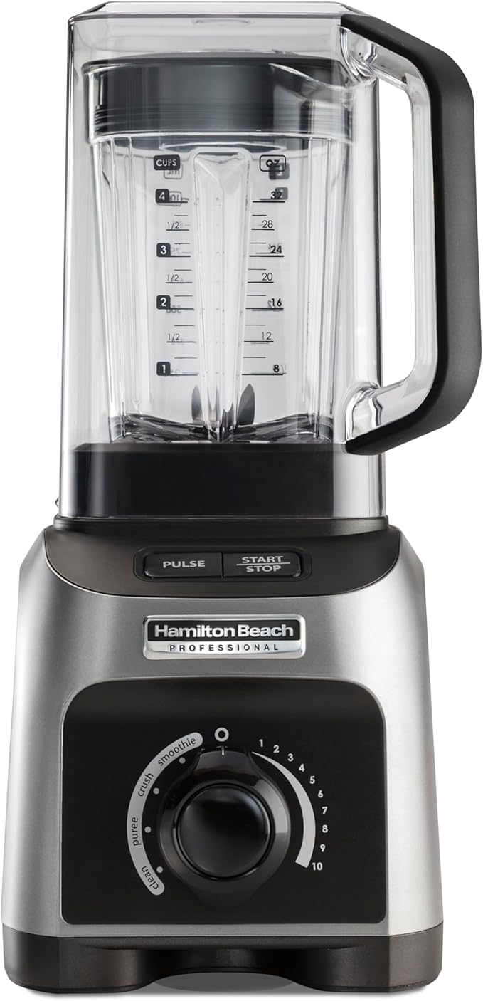 Hamilton Beach Professional Quiet Shield Blender, 1500 Watts Peak Power, 32oz BPA Free Jar, 4 Programs & Variable Speed Dial for Smoothies, Ice Crush, Puree, Silver (58870)