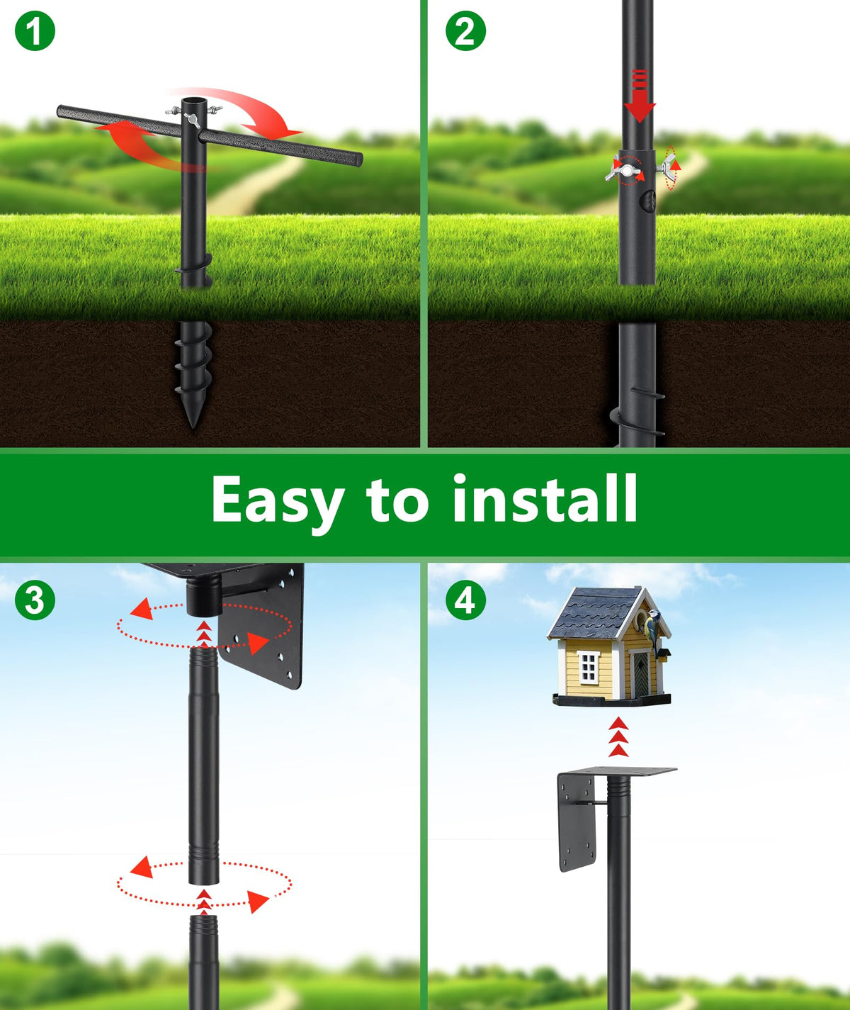 Heavy Duty Bird Feeder Pole - 109 Inch Adjustable 1 Inch Metal Bird House Pole with 14” Deep Auger Base | Outdoor Mount Kit for Bluebird Houses, Hummingbird Feeders, Smart Bird Feeder with Camera