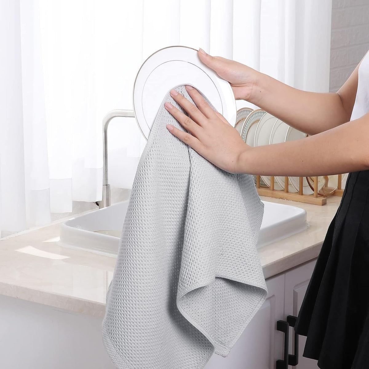 Homaxy 100% Cotton Waffle Weave Kitchen Dish Towels, Ultra Soft Absorbent Quick Drying Cleaning Towel, 13 x 28 Inches, 12-Pack, Light Gray