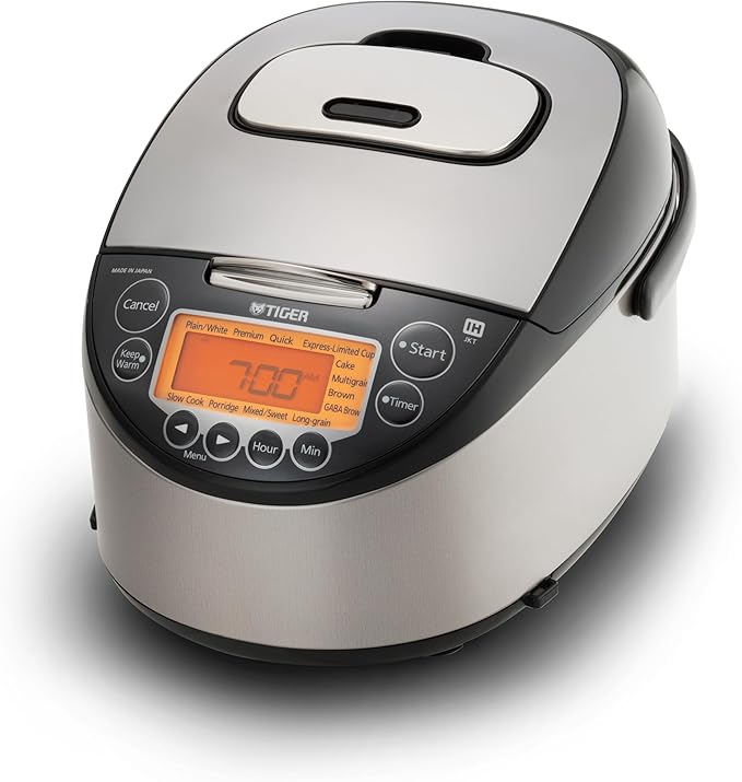 Tiger Corporation JKT-D18U 10-Cup Capacity Induction Heating Electric Rice Cooker with 12 Menu Setting, 24-Hour Keep Warm Setting, Spatula and Measuring Cup (Black and Stainless Steel)