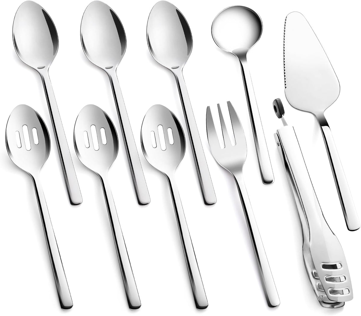 KINGSTONE Large Hostess Serving Utensils Set, Heavy Duty 18/10 Stainless Steel - 10 inch Serving Spoons, Slotted Spoons, Forks, Tongs, Cake Pie Server for Buffet, Wedding, Party