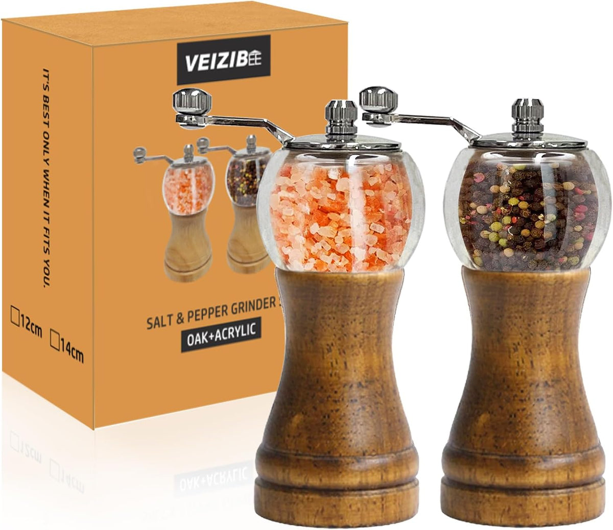 Pepper Mill Set，Manual Pepper Mills, Classical Hand Shake Wooden Pepper Grinder Set，Salt Mills，Wooden Pepper Mill，Ceramic Blades Metal Handle，Enjoy Fresh Ground Pepper (Walnut color 2pcs-6in)
