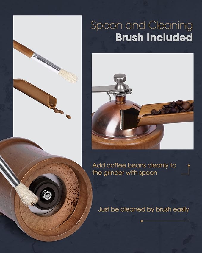 POLIVIAR Manual Coffee Grinder, Coffee Bean Grinder with Adjustable Ceramic Burr, Vintage Style Wooden Hand Coffee Grinder, Large Capacity Burr Coffee Grinder with Brush and Spoon (JX2022-CG20)