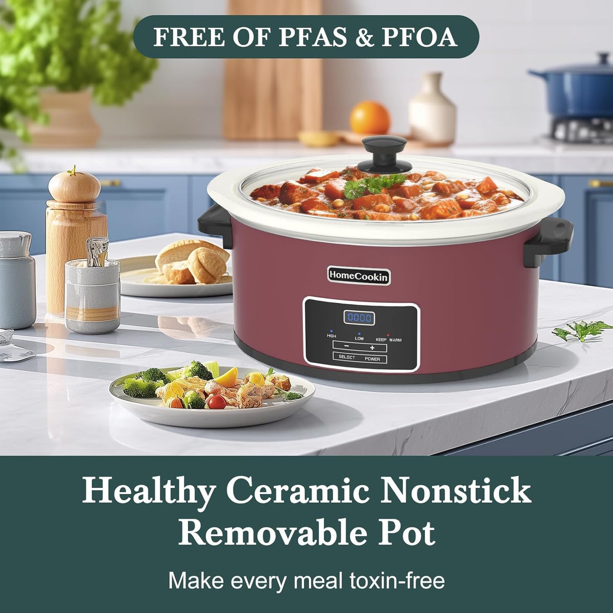 HOMECOOKIN 7-Quart Programmable Slow Cooker with Timer Keep Warm - Small Kitchen Appliance for Family Dinners - Serves 6+ People (Red Shell + White Ceramic Liner)