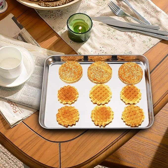 Wildone Baking Sheet Set of 2 - Stainless Steel Cookie Sheet Baking Pan, Size 10 x 8 x 1 inch, Non Toxic & Heavy Duty & Mirror Finish & Rust Free & Easy Clean