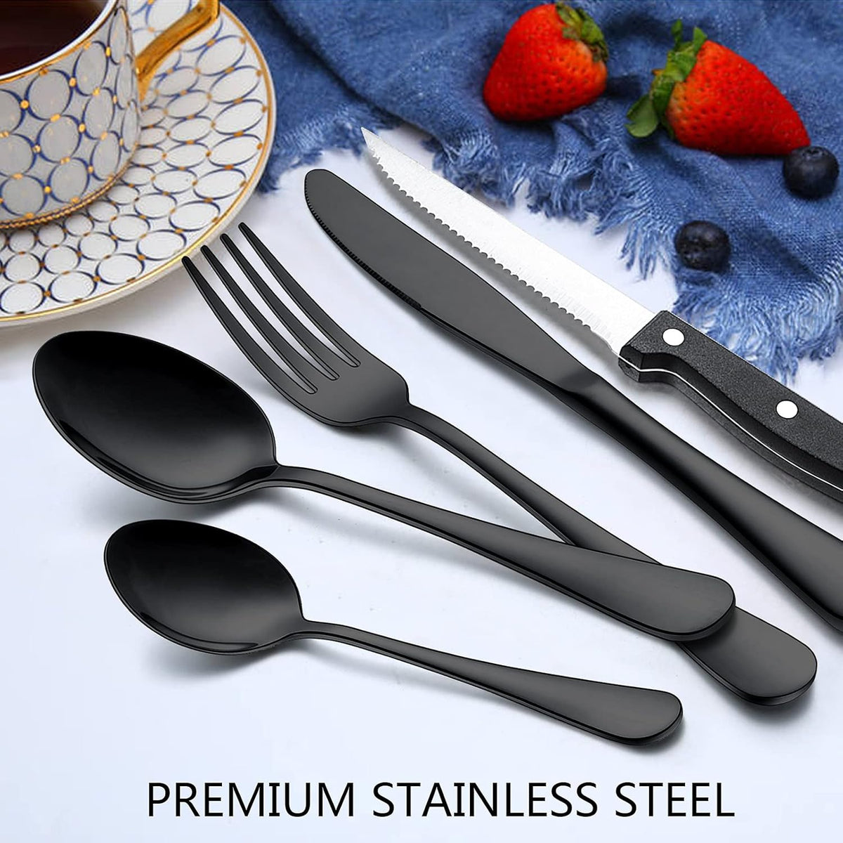 Wildone 24-Piece Black Flatware Set with Steak Knives, Stainless Steel Silverware Cutlery Set Service for 4, Tableware Eating Utensils Include Knives/Forks/Spoons, Mirror Polished, Dishwasher Safe