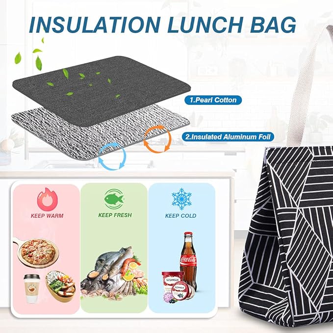 iknoe Insulated Lunch Bag for Women & Adults, 9L Foldable Wide-Open Cooler Bag with Pockets, Leakproof & Portable, for Picnic, Office, Beach, Black Rhombus