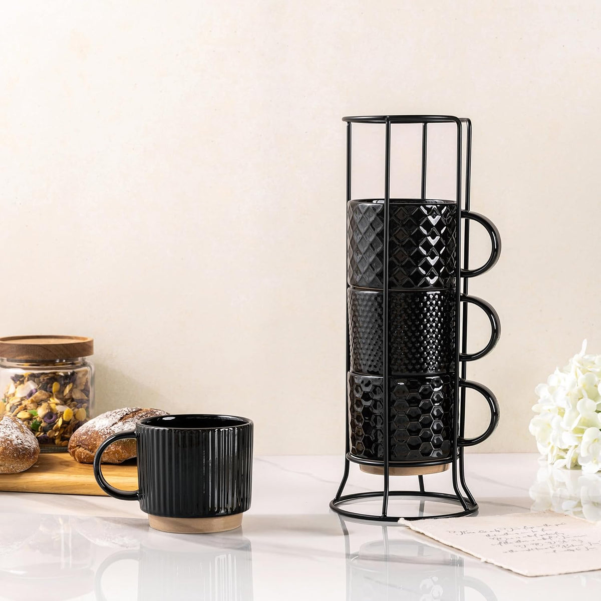 GBHOME 12OZ Stackable Coffee Mugs with Stand, Ceramic Coffee Mugs with Texture Patterns for Man,Woman,Dad,Mom, Modern Coffee Cups Set of 4 for Latte/Cappuccino/Cocoa. Dishwasher&Microwave Safe,Black
