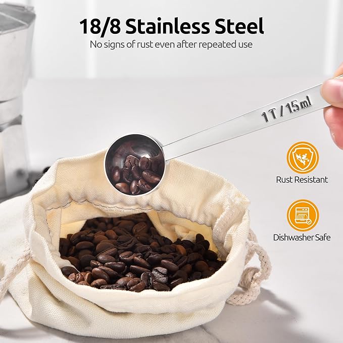 U-Taste Coffee Scoop 1 Tablespoon: 18/8 Stainless Steel Measuring Scooper for Ground Coffee, Bean, Powder, Espresso, 4.3in Long Handle Metal Measure Spoon for Canister, Jar (1Tbsp/15ml)