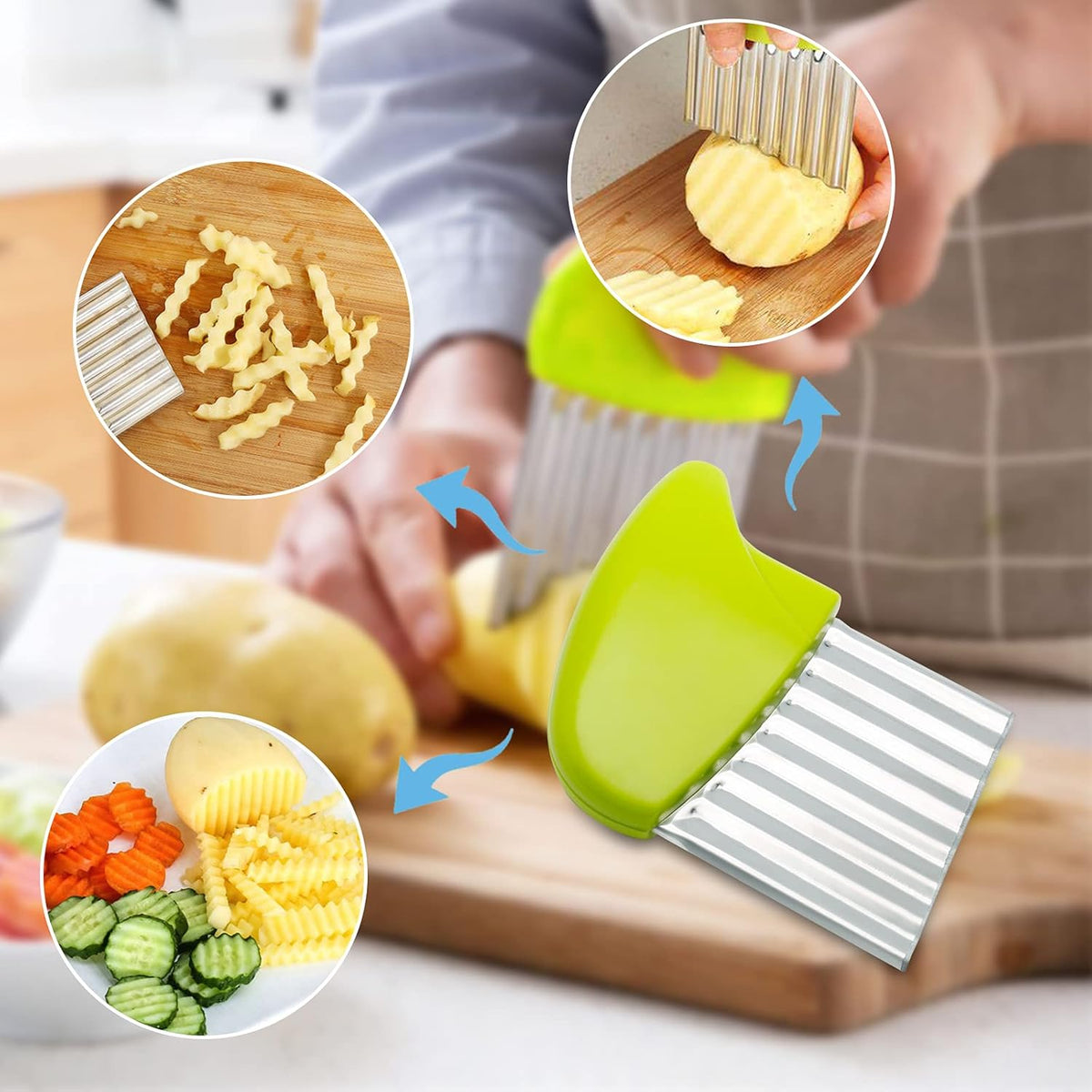 Luomorgo Stainless Steel Potato Crinkle Cutter Carrot Wavy Knife French Fry Slicer Vegetable Wavy Chopper, Green