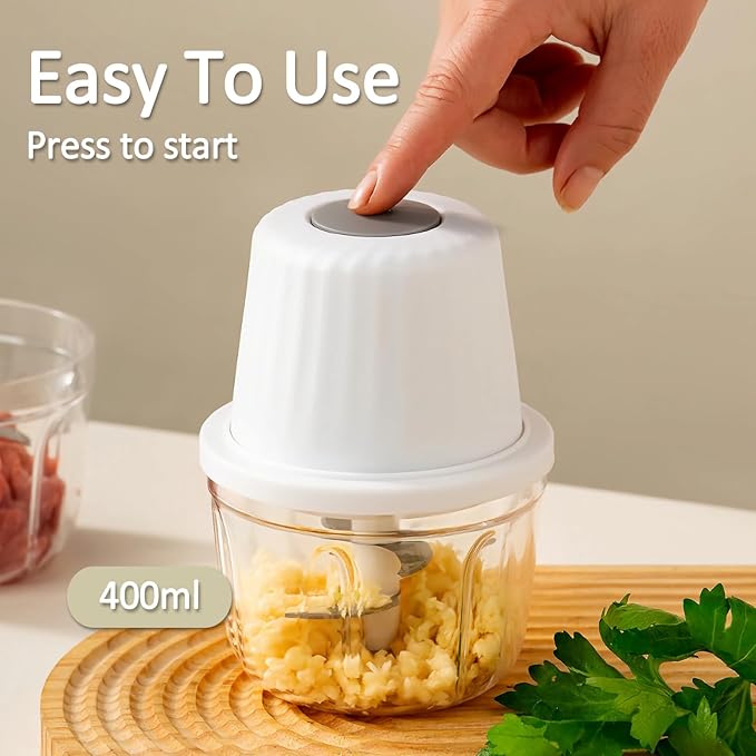 Mini Food Chopper Cordless, 400ml Small Food Processor 1.6Cup, Battery USB-C Rechargeable Electric Garlic Chopper Wireless, Portable Meat Grinder Mincer Veggie Blender Kitchen Mixer w/ 6 Blades, White